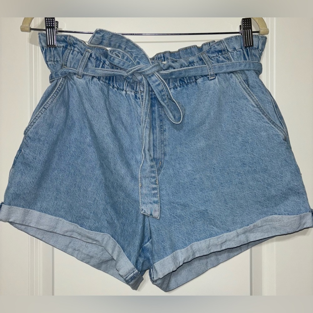 Garage Paper Bag Denim Blue Jean Shorts Tie Waist Size 8 9